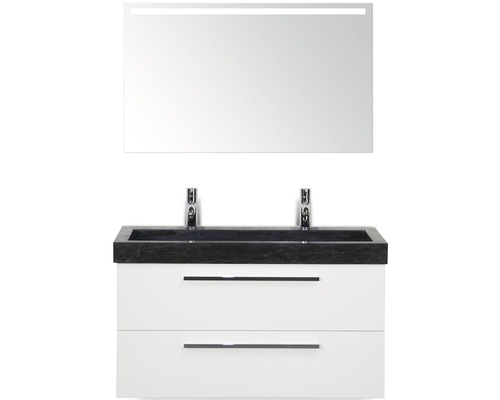 Sanox Sevilla badkamermeubelset (B x H x D): 101 x 170 x 45,5 cm, hoogglans witte fronten, met zwarte natuurstenen wastafel en dubbele natuurstenen wastafel, badmeubel, spiegel met LED-verlichting