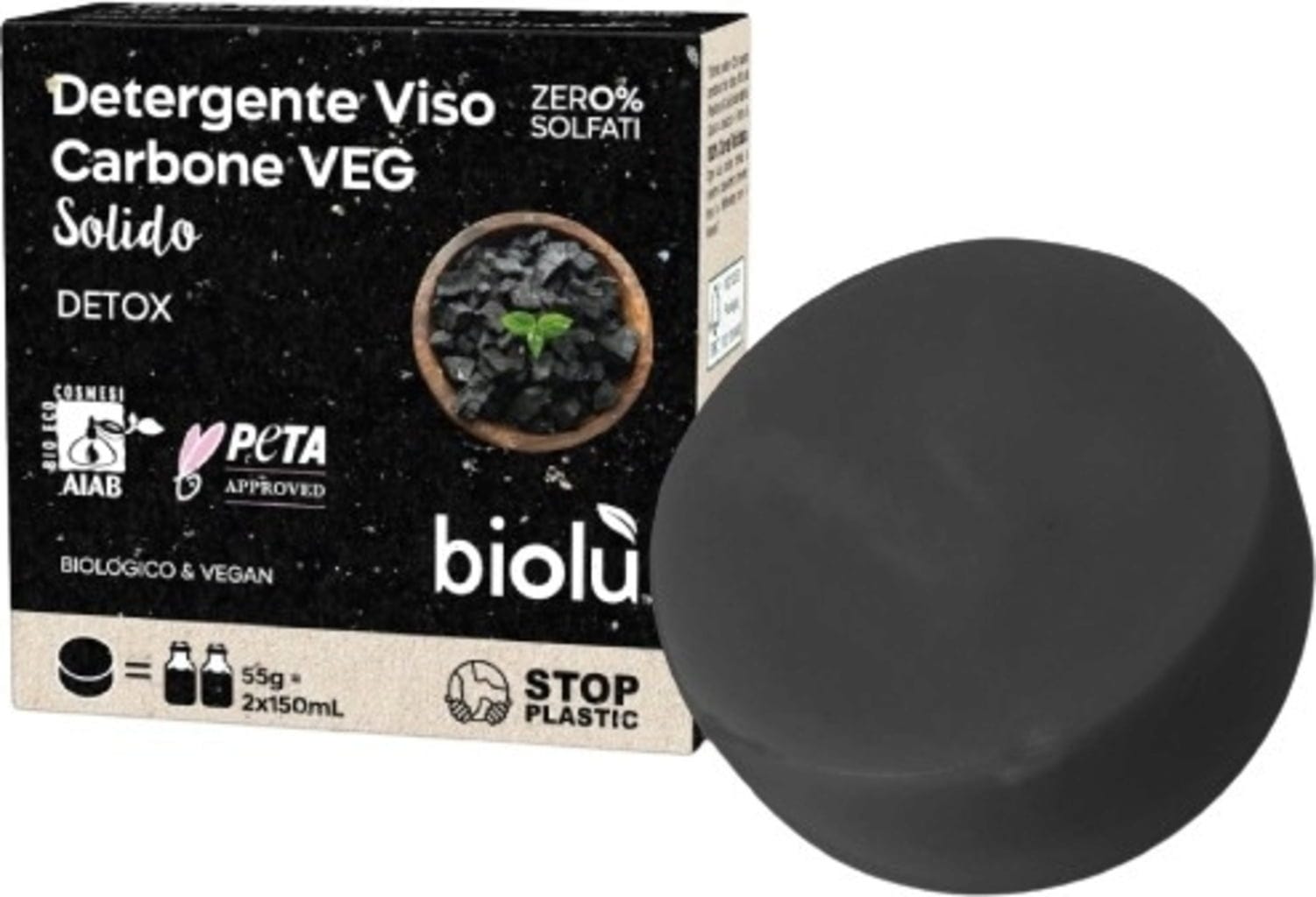 biolù  Fester Gesichtsreiniger mit Aktivkohle, 55 g