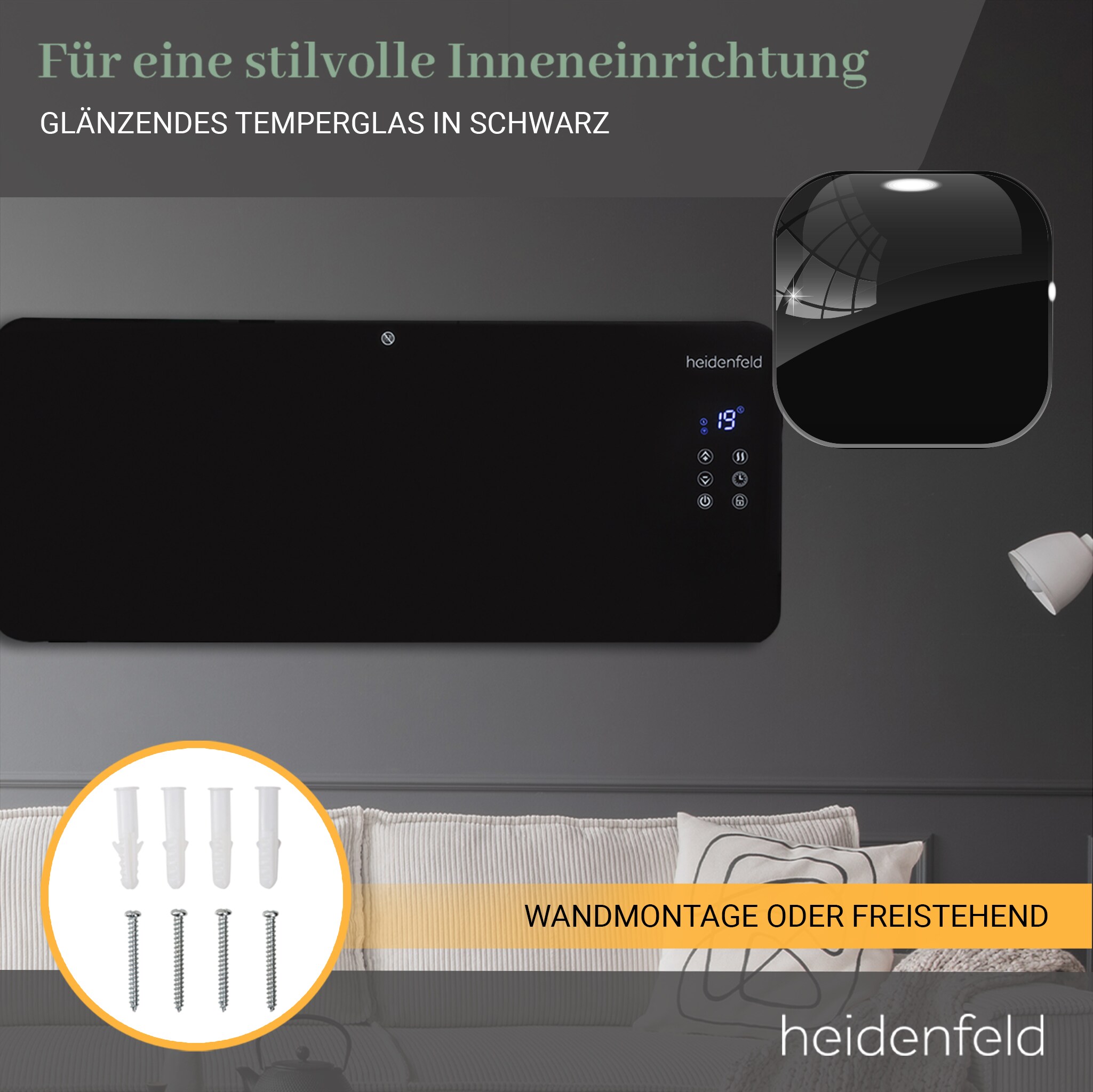 Heidenfeld Glas-Konvektorheizung GK200, Standgerät oder Wandmontage, WLAN, 1000/2000 Watt, Timer (Mit WLAN)