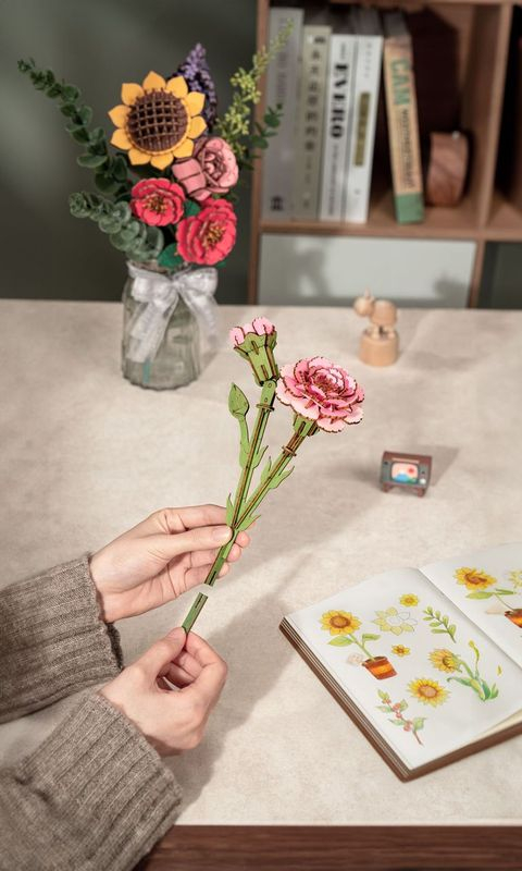 (124-tlg. Set) Rowood 3D Holz Puzzle DIY Modell Bausatz Home Deko Blume für Erwachsene (TW051) - Pinke Nelke