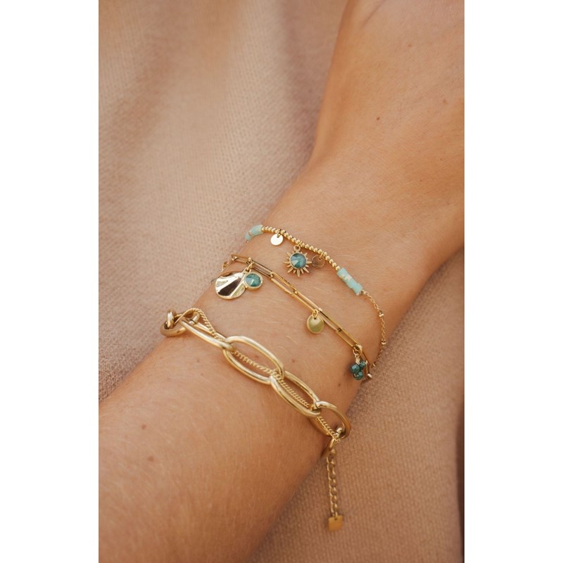 Bracelet en acier doré et argenté double chaîne en maille de différentes tailles, chaînette réglable, avec pierre Crystal Swarovski