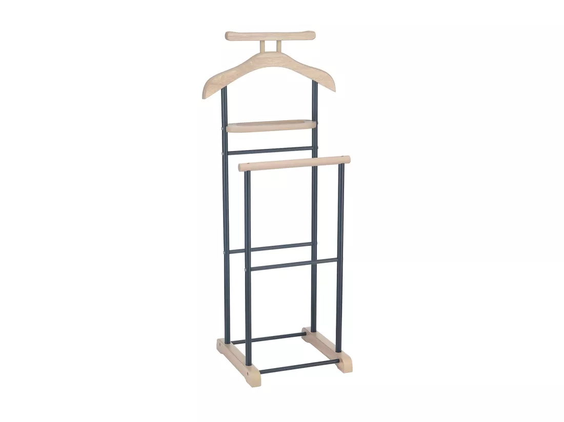 Valet de chambre MEDINA chevalet de nuit double portant pour vêtements, en MDF décor chêne sonoma et métal laqué noir