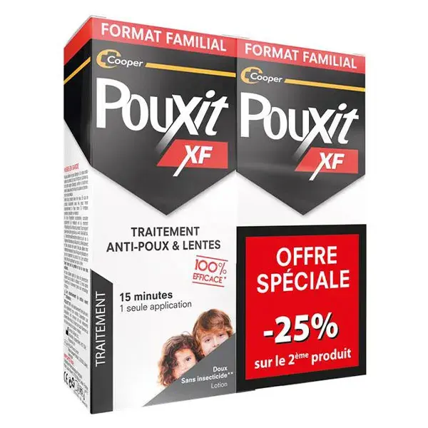Loção Pouxit Extra Forte, tratamento antipiolhos e lêndeas para o couro cabeludo, embalagem com 2 x 200 ml