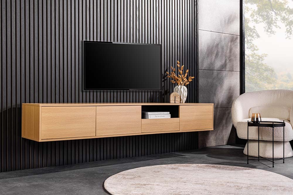Hängendes TV-Board LOFT 200cm natur schwarz sieben Fächer mit Schublade