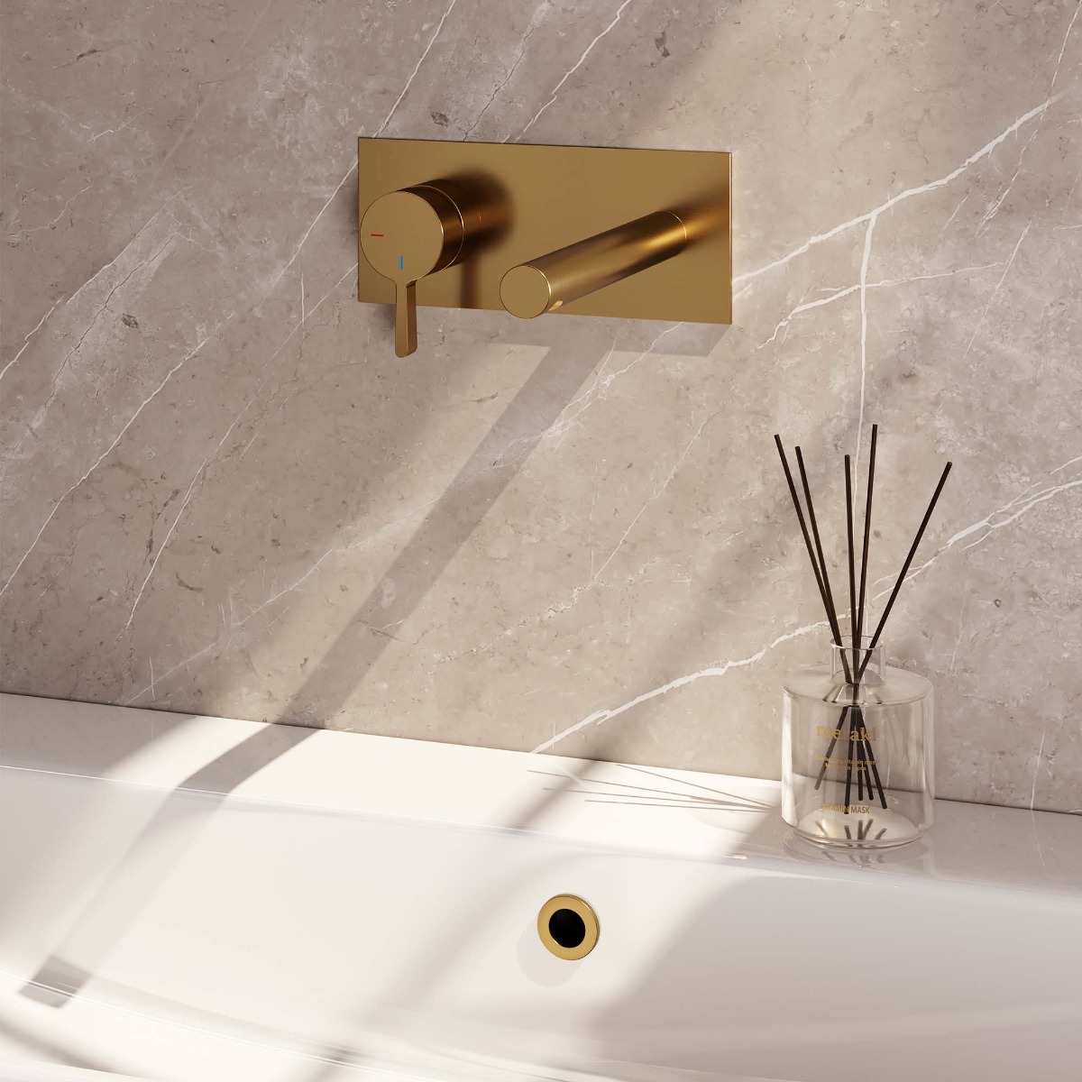 Brauer Gold Edition ColdStart wastafelkraan inbouw rechte uitloop met achterplaat model E2 geborsteld messing PVD