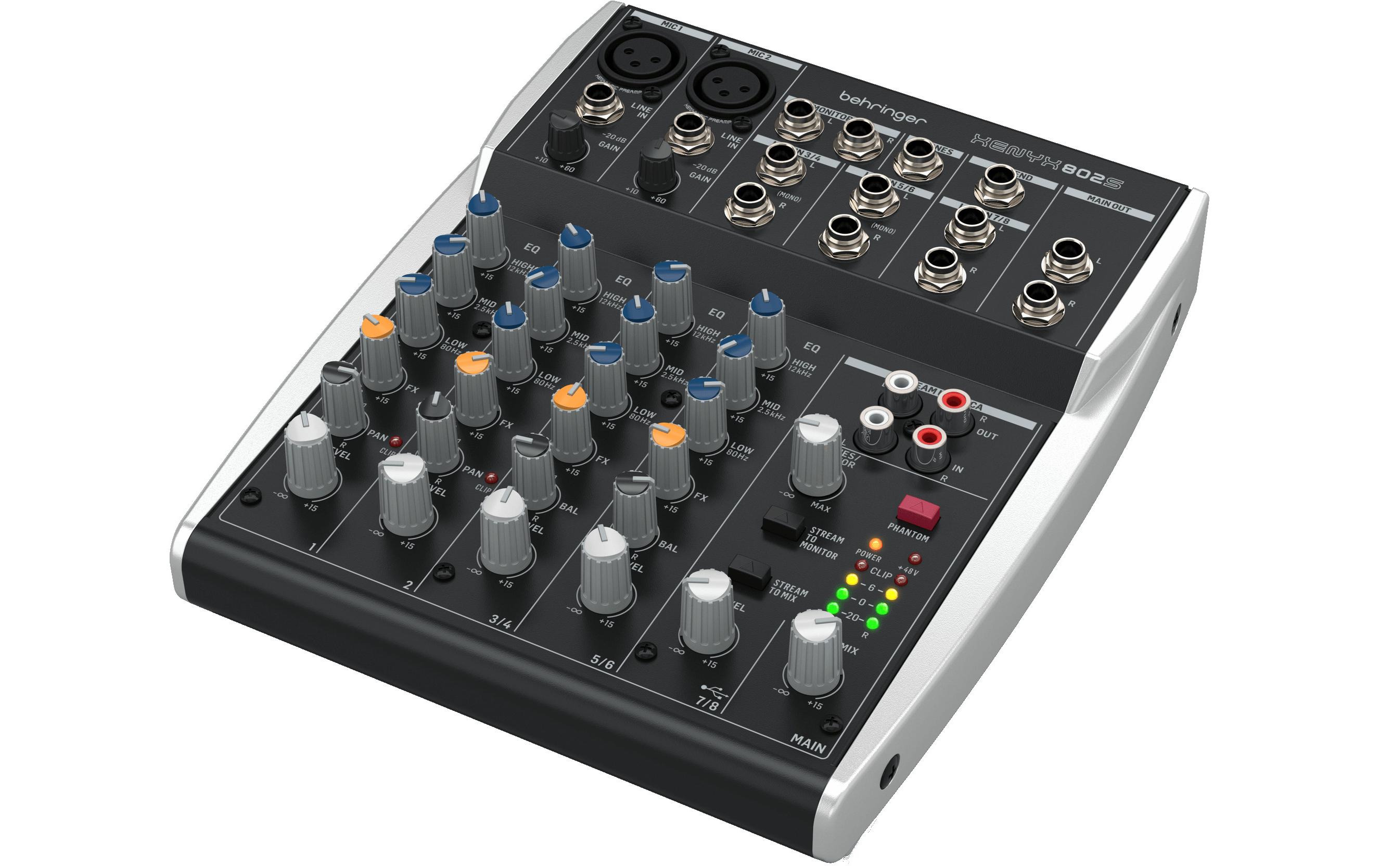 Mischpult XENYX 802SAnaloges Mischpult mit 8 Eingängen und USB-Streaming-Schnittstelle