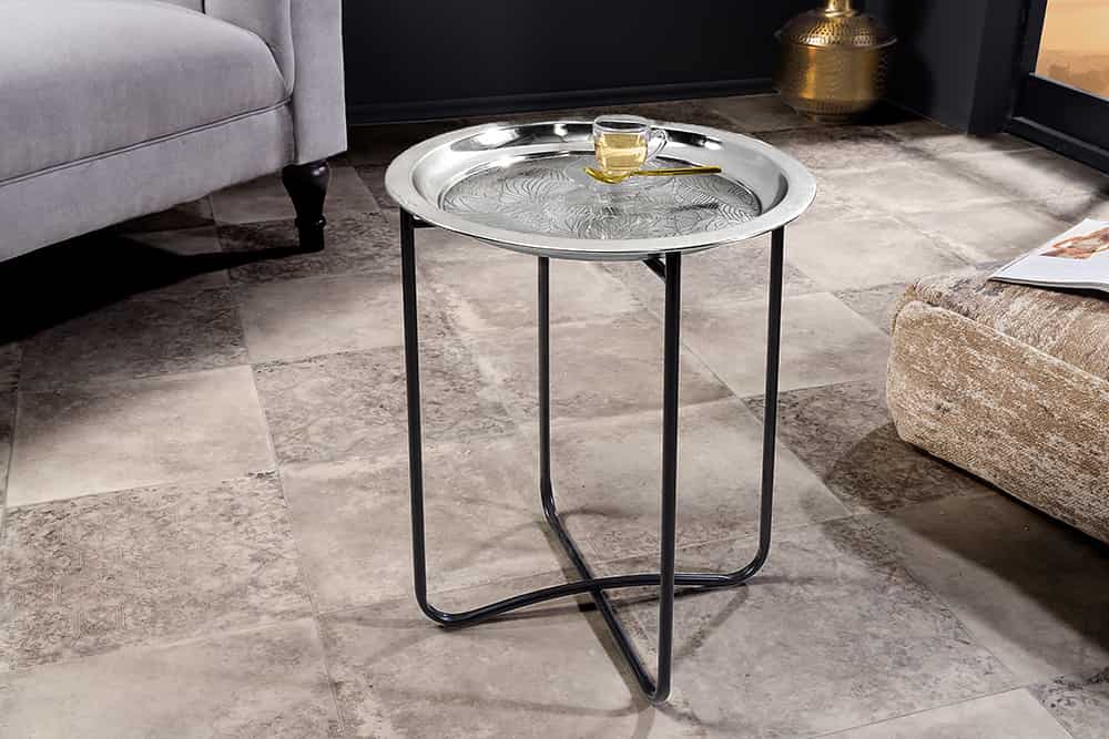 Orientalischer Beistelltisch CASABLANCA 50cm silber schwarz Tablett abnehmbar klappbar