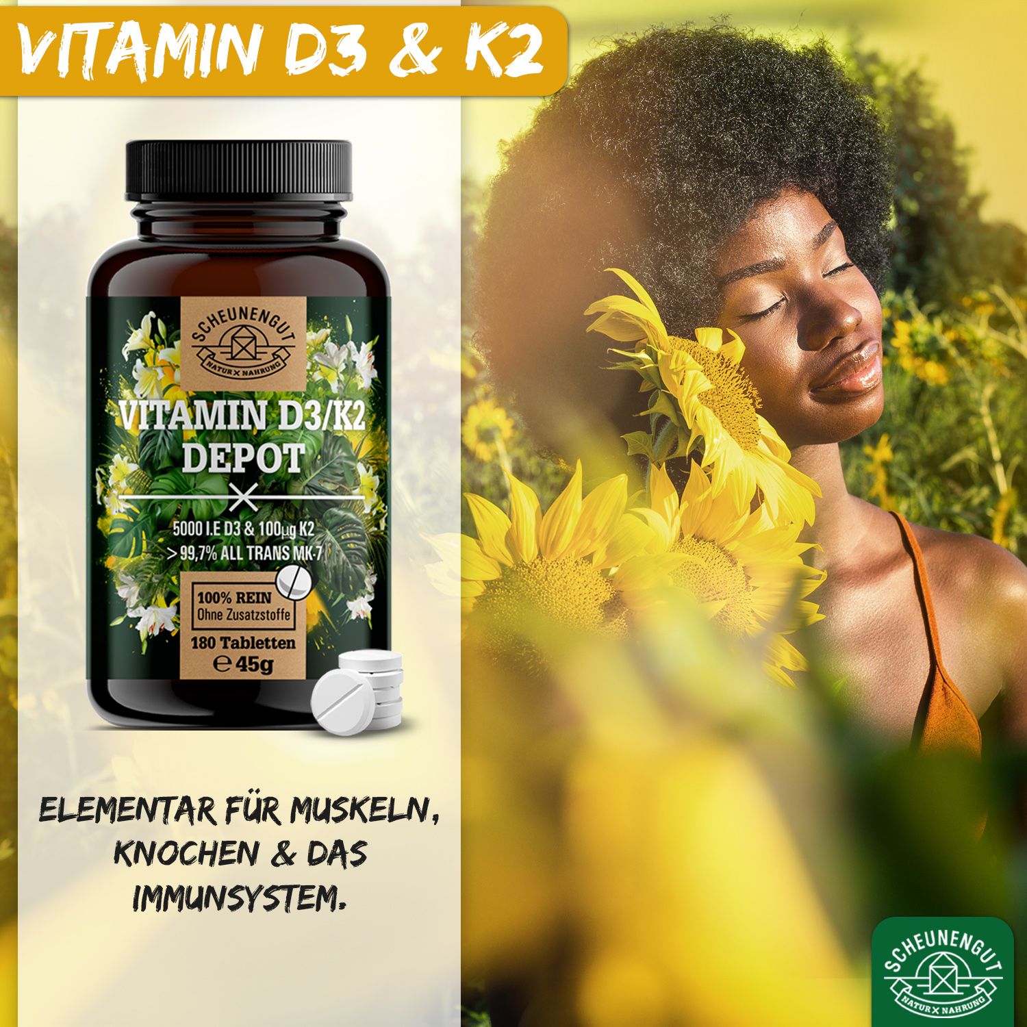 Scheunengut® Vitamin D3 K2 - Hochdosierte Depot Kapseln mit 5000 IE D3 & 100µg K2