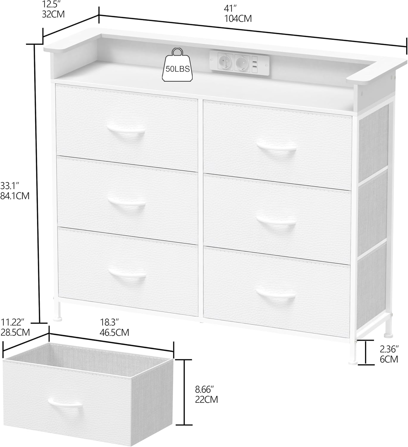 VEDECASA Kommode mit 6 Schubladen und LED-Beleuchtung Kommoden mit 2 USB-Ports & 2 AC-Steckdosen Aufbewahrungsturm mit Schrank für Schlafzimmer Wohnzimmer und Flur, Metallrahmen, Holzplatte
