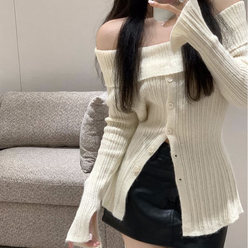 Sosana - Geribbelde trui met lange mouwen en off-shouldermotief