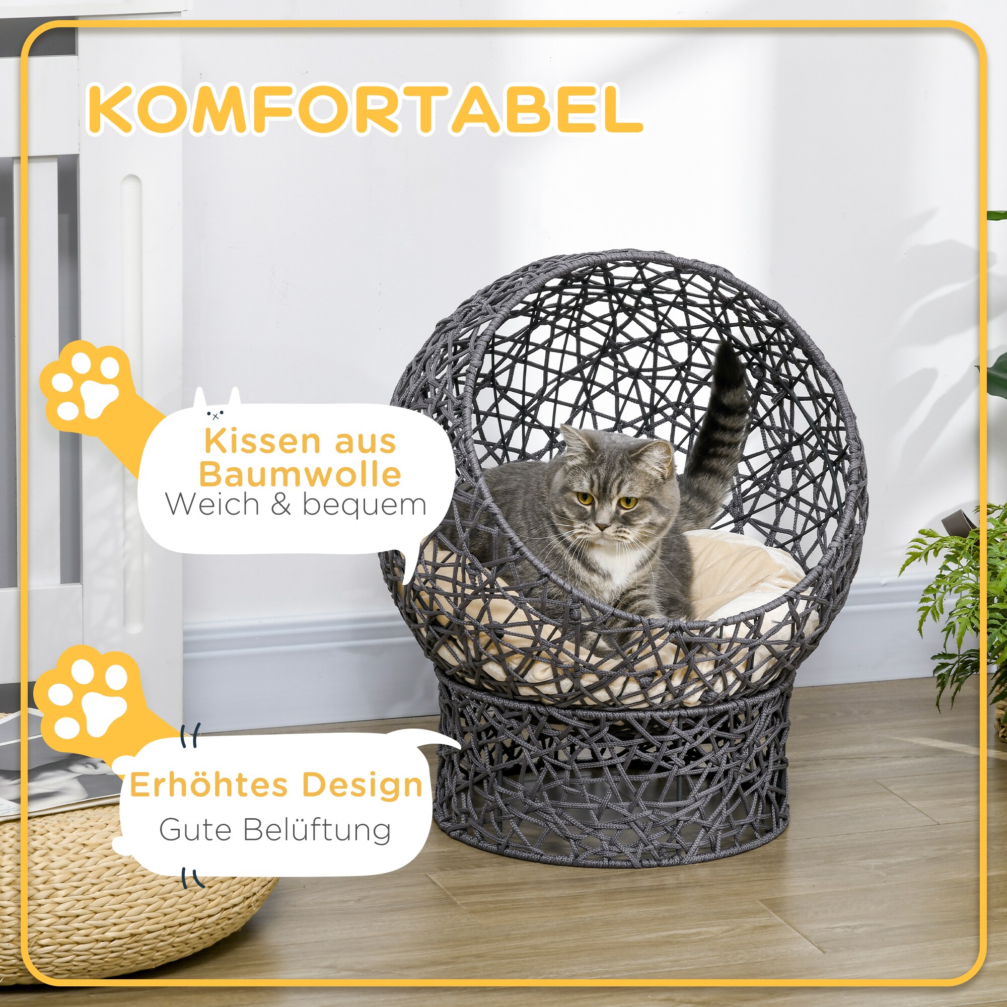 PawHut Katzenkorb mit Kissen grau, beige 50L x 50B x 60H cm