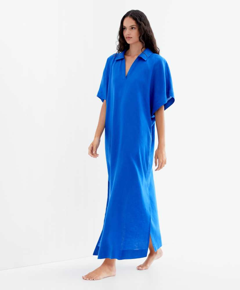 Vestido túnica com gola alta, 100% linho