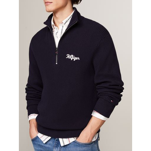 Tommy Hilfiger Graphic Waffle Zip Mock Strik, Desert Sky, L