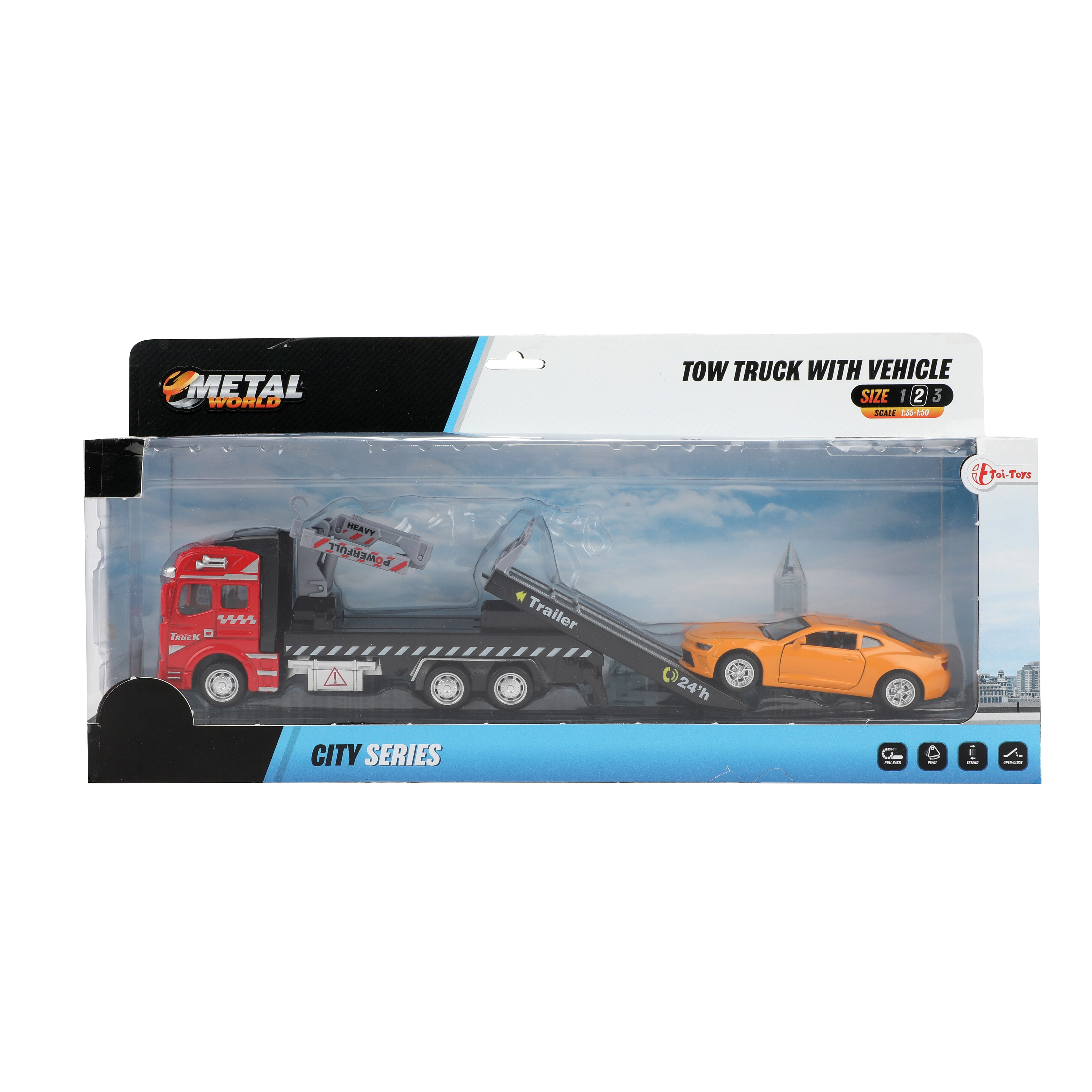 Toi-Toys 24087B - Metal World Spielzeugauto - Abschleppwagen mit Hebebühne & Auto abschleppen