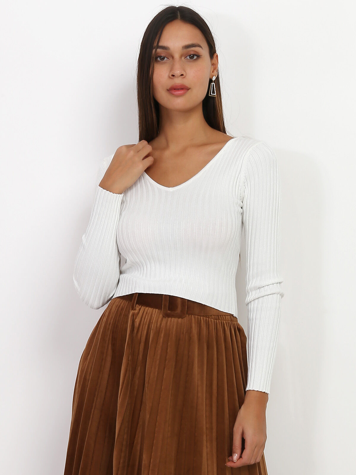 Sous pull cropped en maille côtelée- Blanc