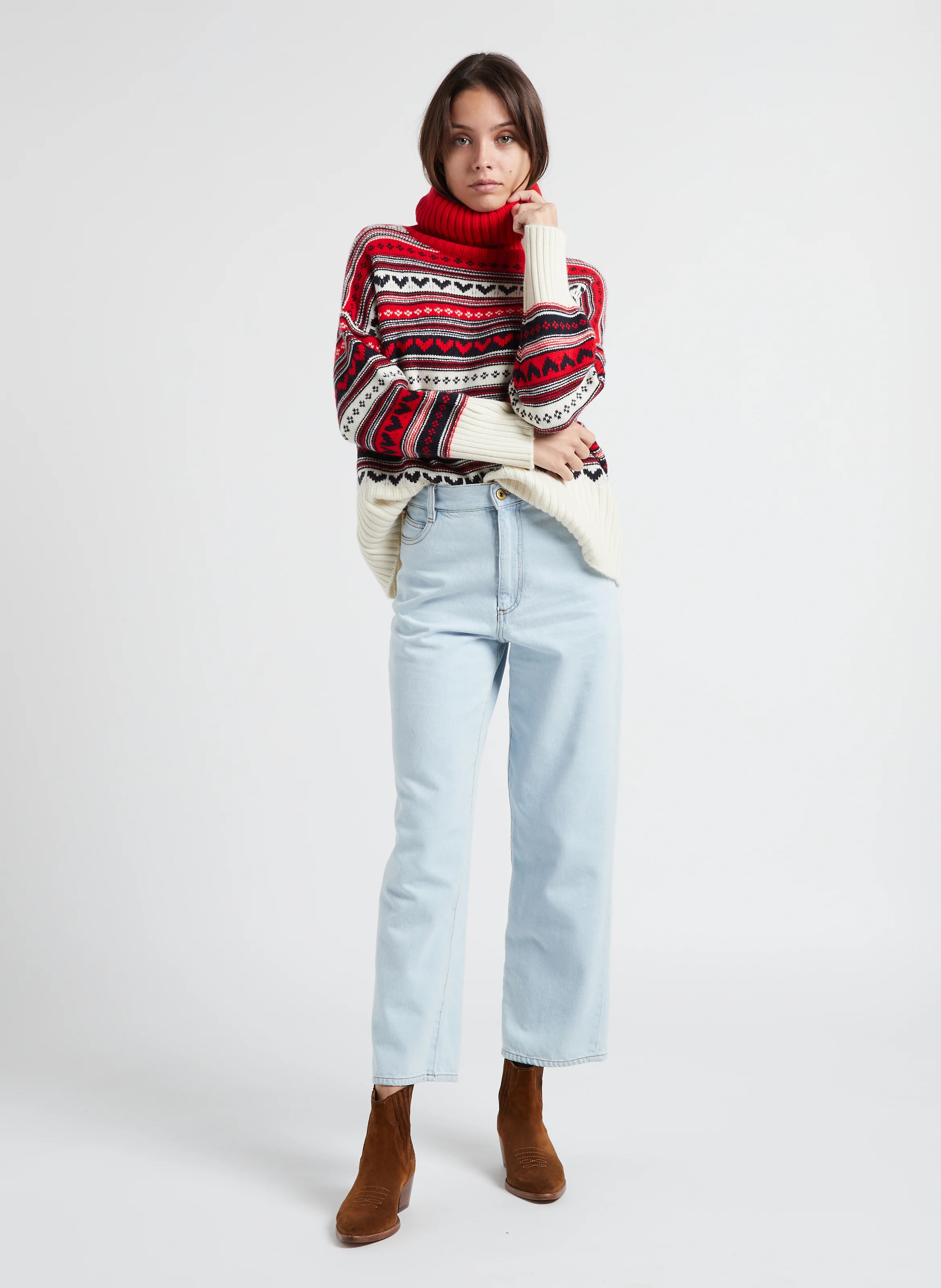 LOULOU - Pull col roulé imprimé en cachemire| Rouge