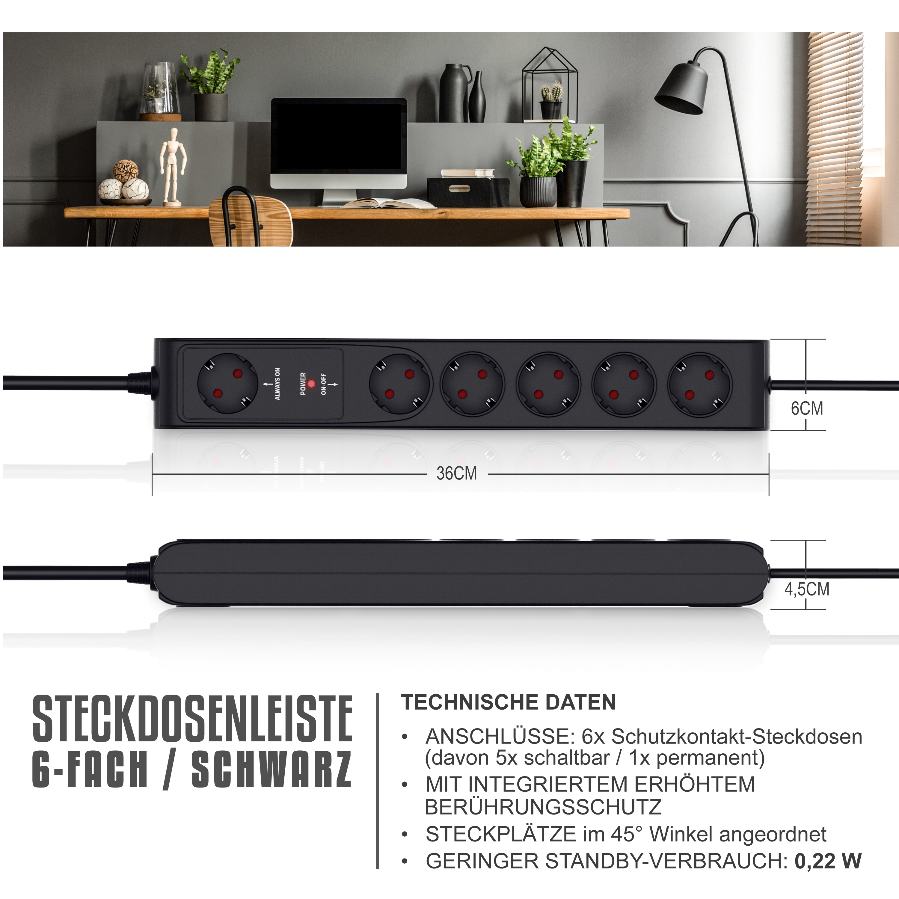 Arendo Steckdosenleiste Mehrfachsteckdose Steckerleiste 3680W, 6-fach