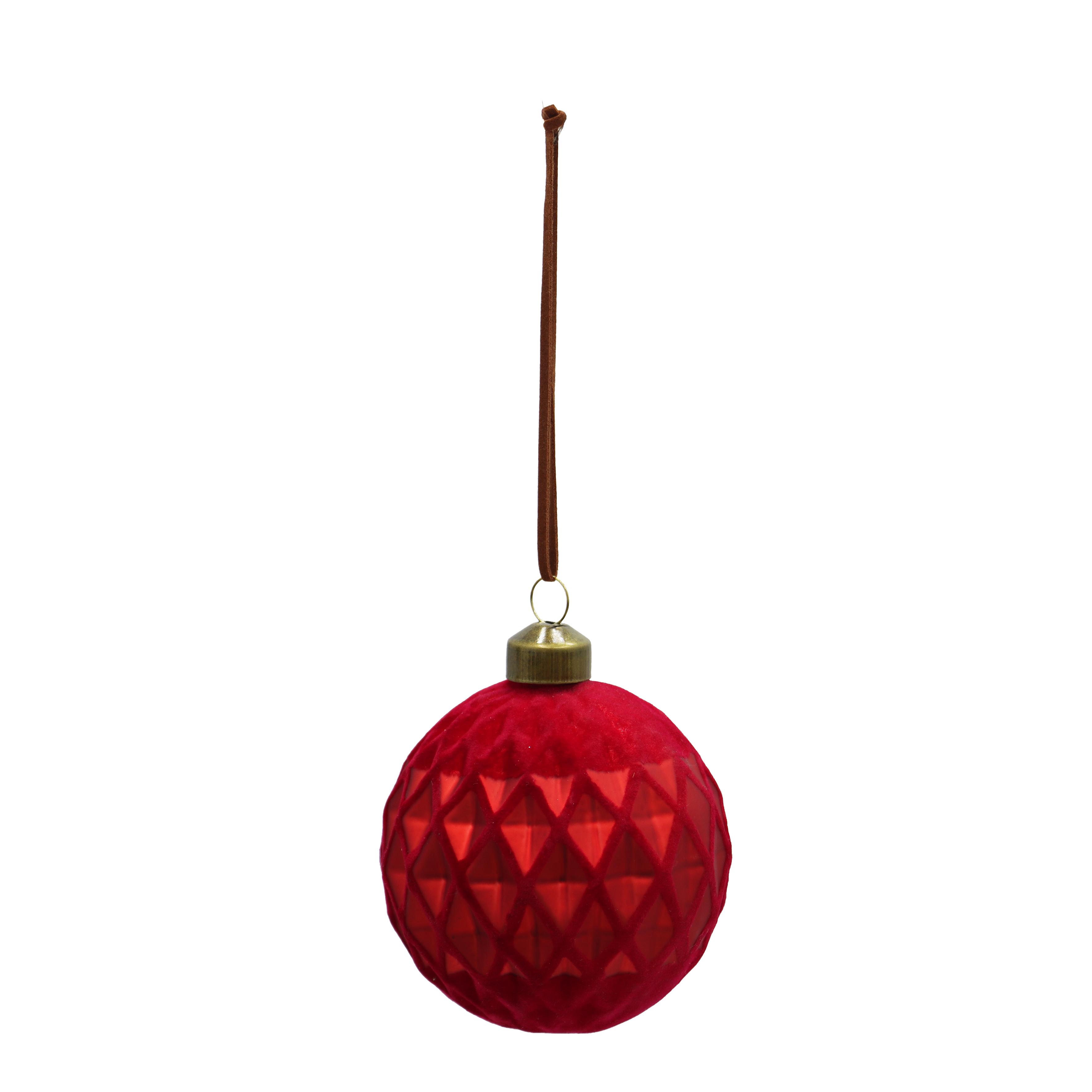 BOULE VELOURS ROUGE MOTIF LOSANGE D.8CM