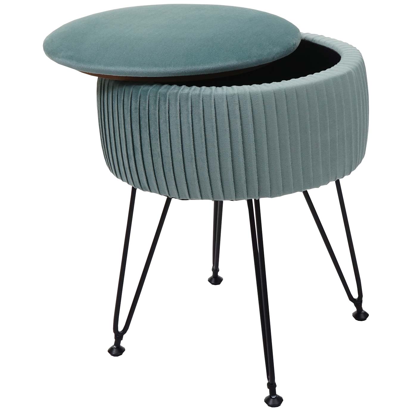 Sitzhocker MCW-K47, Hocker mit Staufach, Ø 33cm, Samt-Optik ~ grün, Gestell schwarz