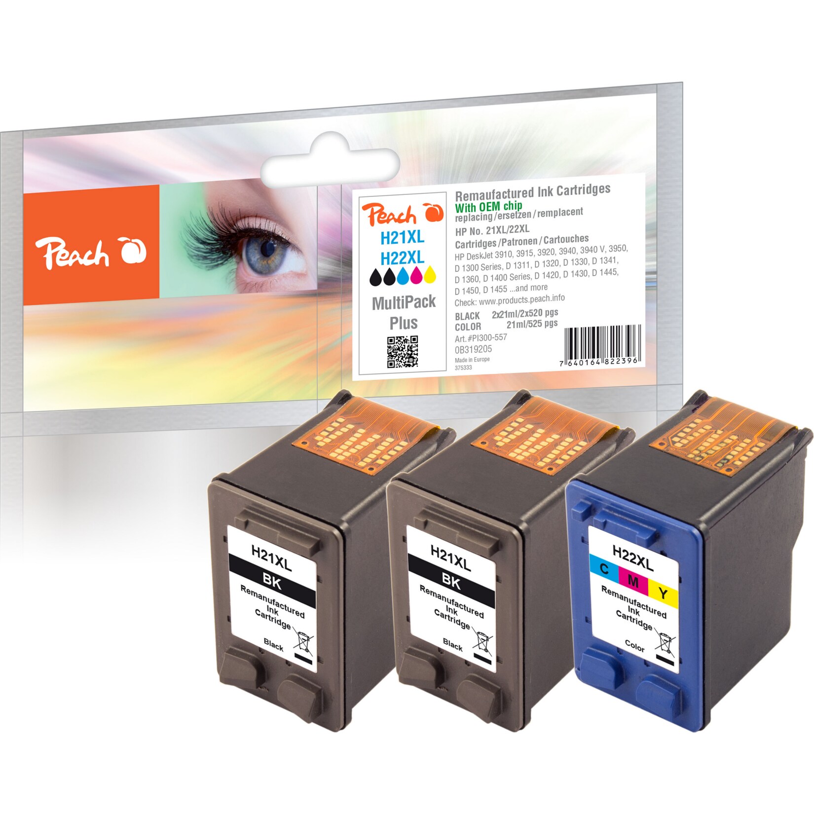 Peach HP 21 XL 3 Druckköpfe XL (2*bk, col) ersetzt HP No. 21XL*2, No. 22XL, SD367AE, C9351AE*2, C9352AE für z.B. HP DeskJet F 2180, HP DeskJet F 2280 (wiederaufbereitet)