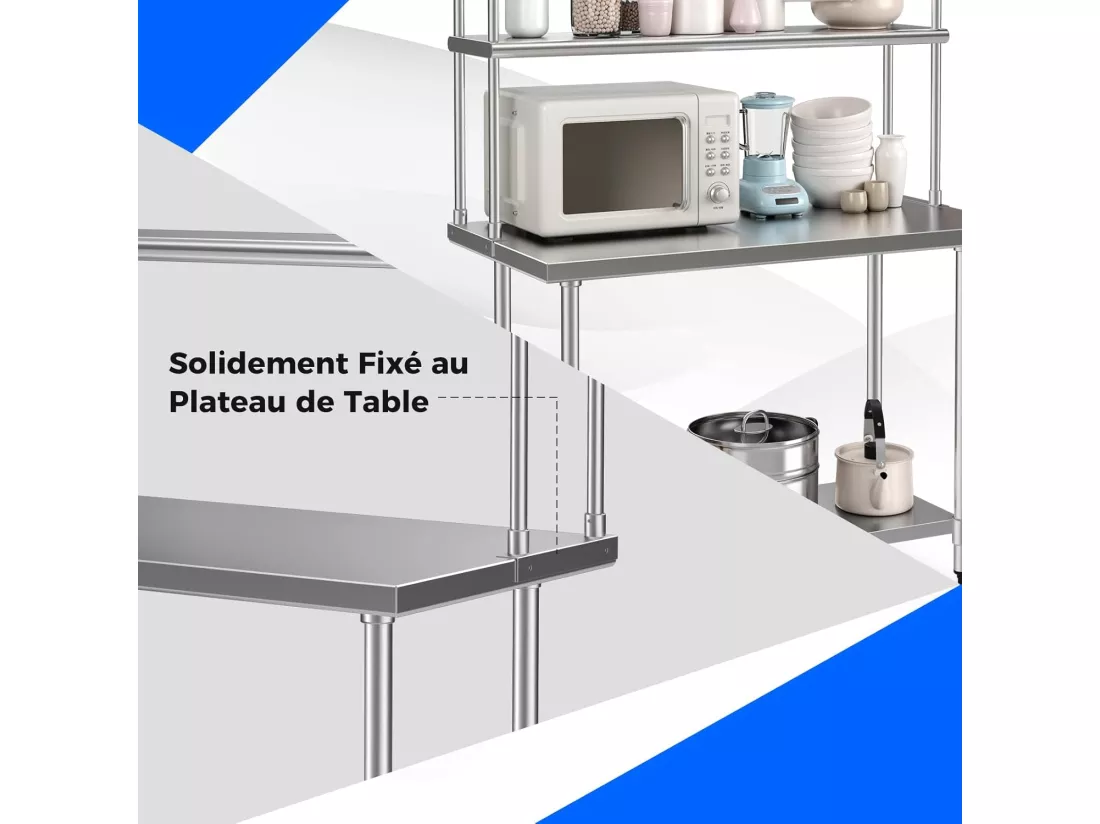 Table de Travail Cuisine 61 x 122 x171 cm avec Étagère Supplémentaire à 2 Niveaux, Acier INOX, Plateau Inférieure Réglable, Charge 617 kg, pour Cuisine, Restaurant, Hôtel