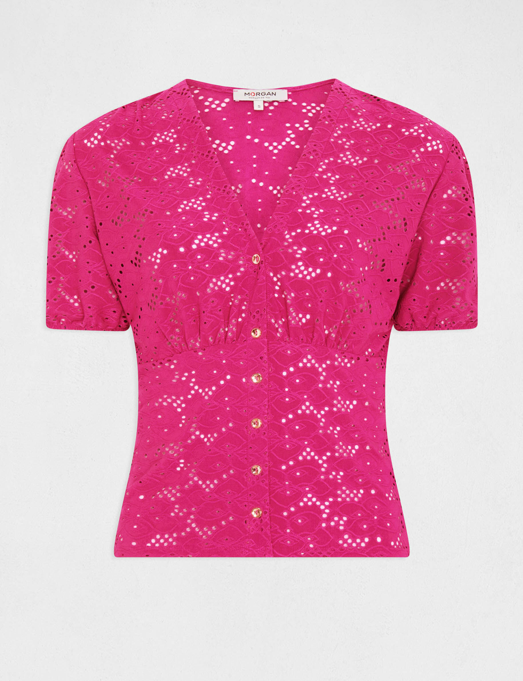 T-shirt manches courtes à broderie framboise femme - framboise