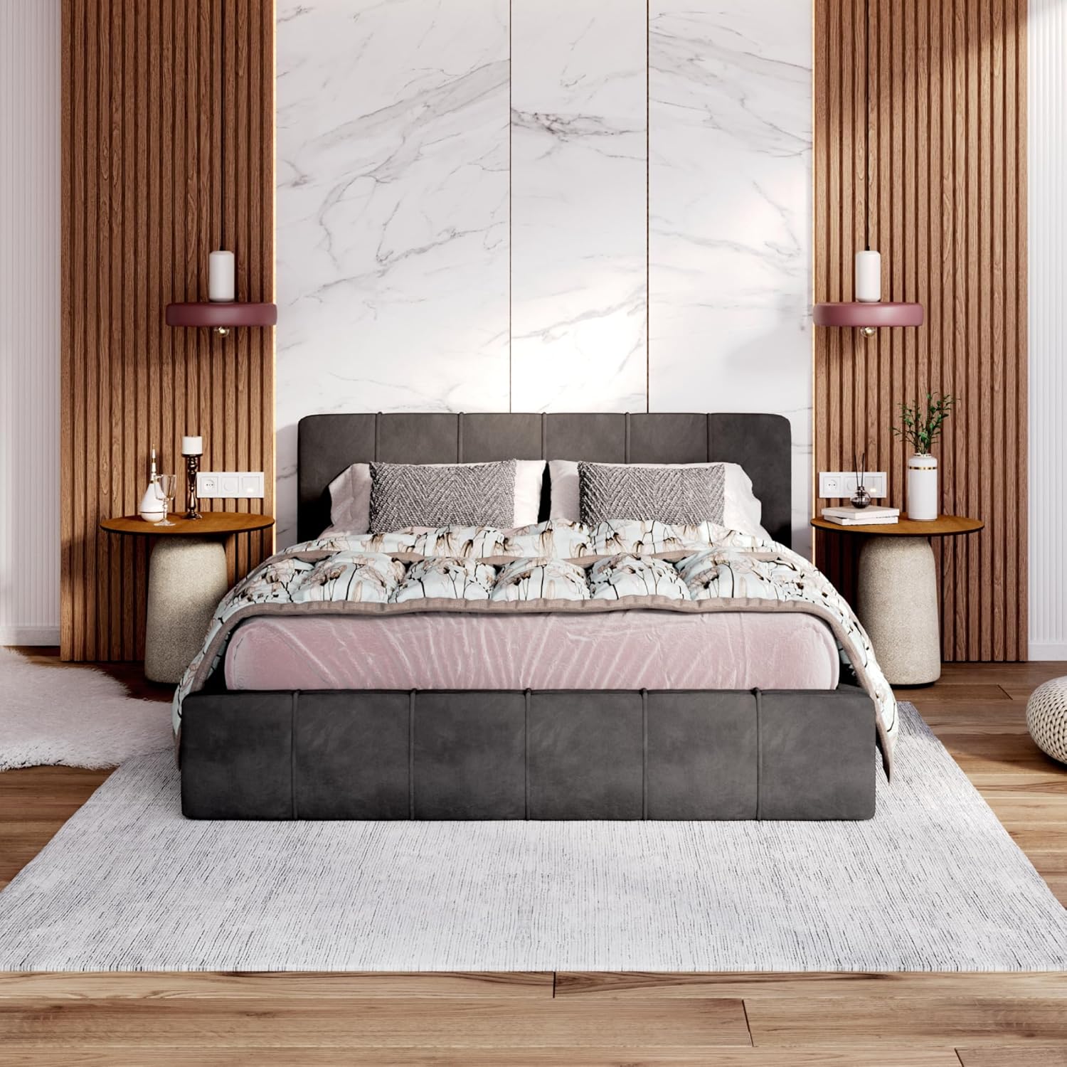 FDM Bett Florida 160x200 cm mit Lattenrost Stauraum Doppelbett Samt Trinity Graphit Bettkasten