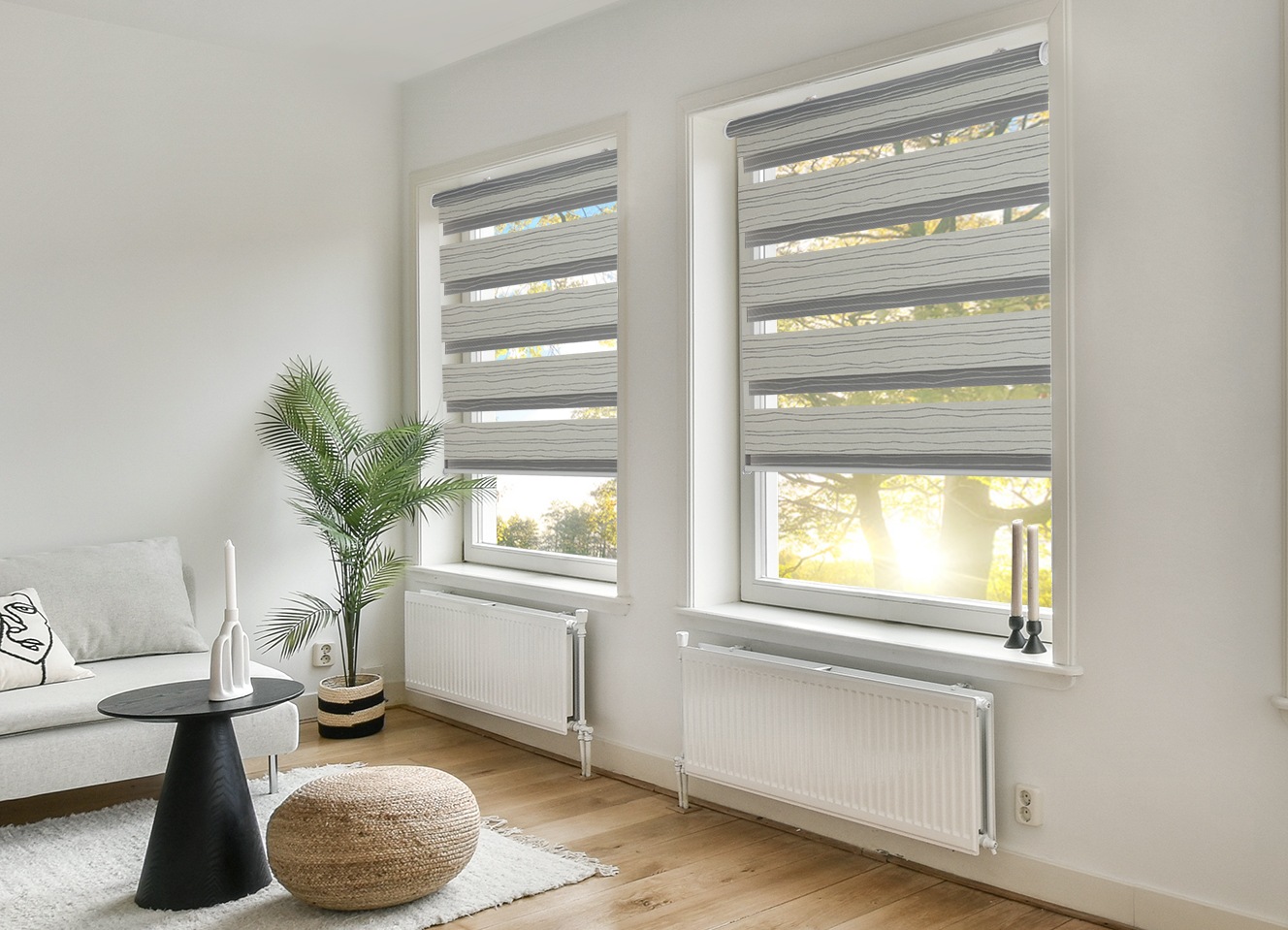 my home Doppelrollo »PAGELLA« Lichtschutz Blendschutz | Sichtschutz | Verdunkelung ohne Bohren freihängend mit eingewebten Chenillefäden NEUHEIT!