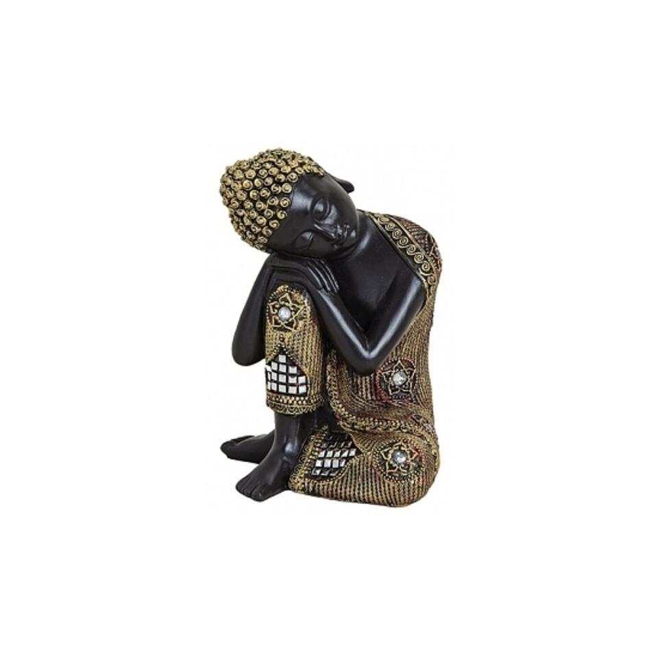 Boeddha beeld - zwart met goudkleurig - slapend - polystone - 17 cm