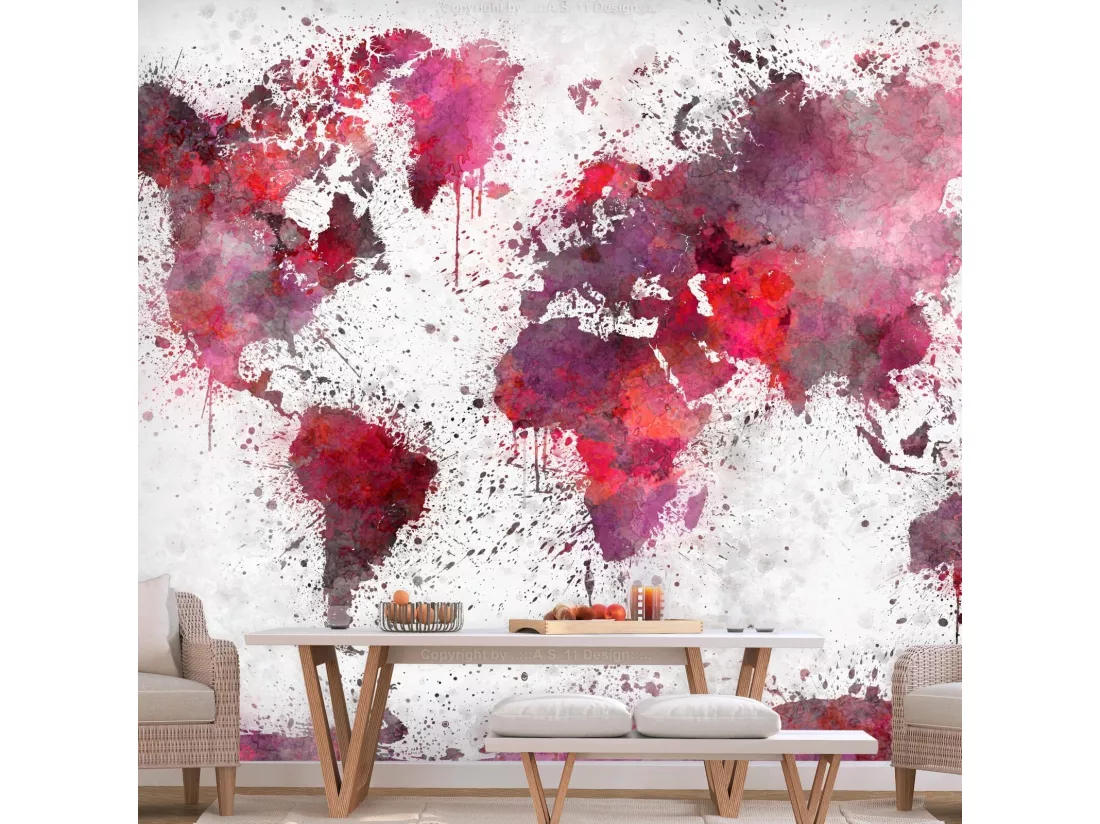 Papier peint aquarelles rouges de carte du monde - 400 x 280 cm