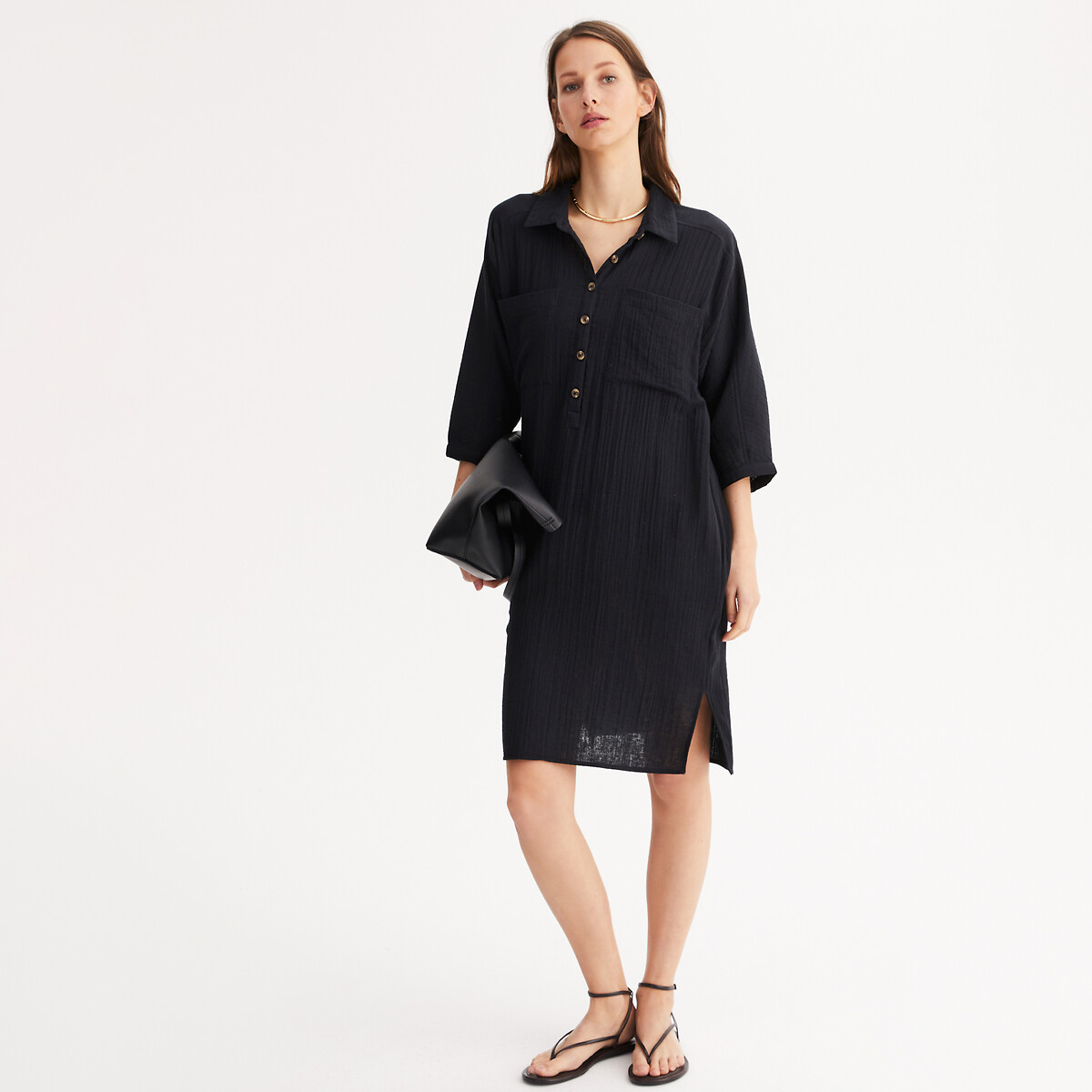 ANNE WEYBURN<br>Vestido reto, na altura do joelho, em algodão