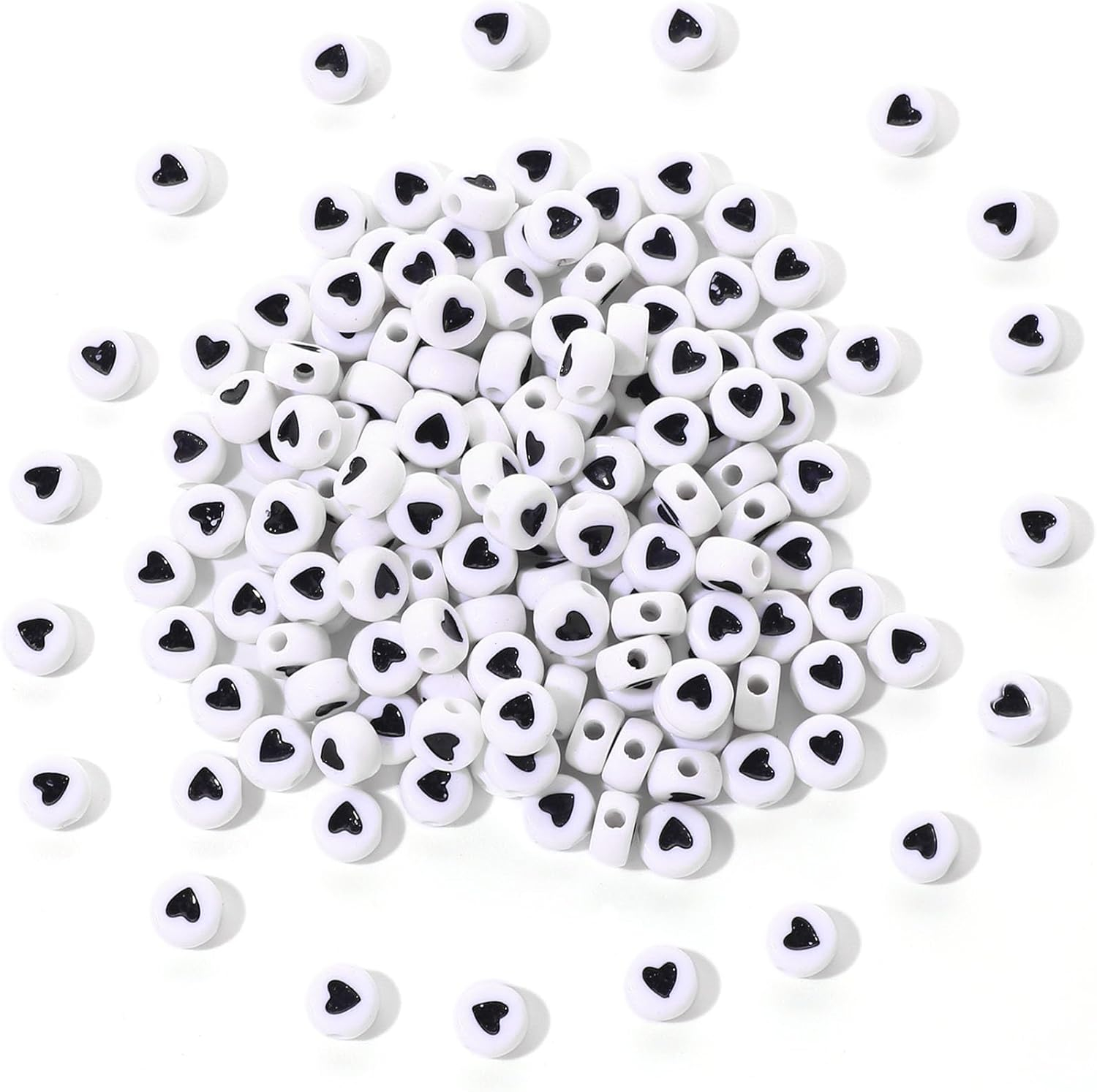 (100er Set) 7mm Acryl Herz Perlen DIY Bastel Schmuck Zwischenperle für Armband / Kette - Weiss / Schwarz