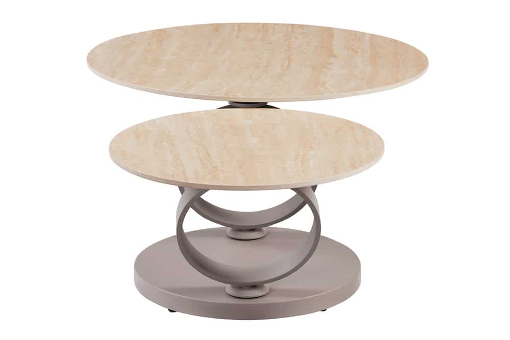 Design Couchtisch DANCING RINGS natur rund drehbar Travertin Keramik champagner greige
