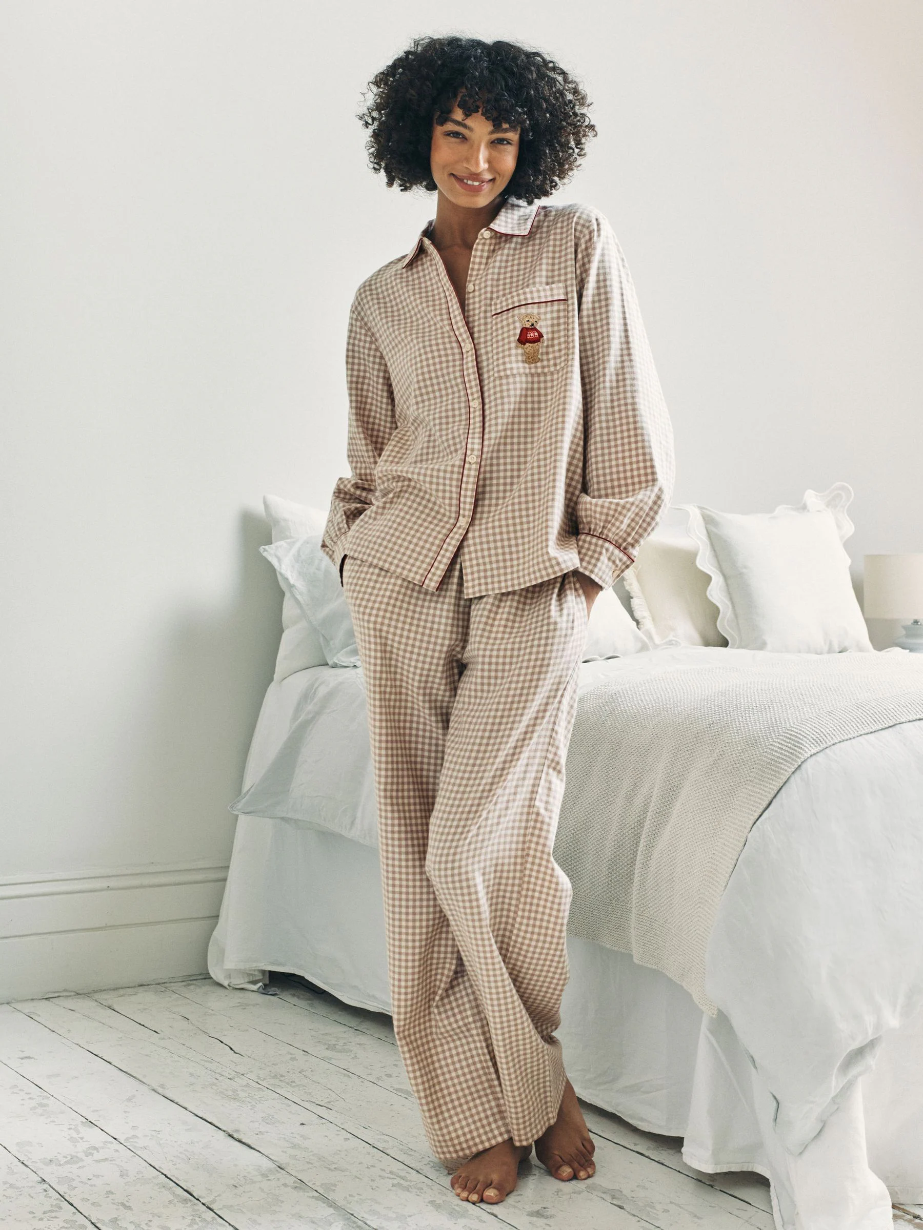 Chelsea Peers Cotton Embroidered Skiing Chip the Cockapoo Gingham Long Pyjamas Set