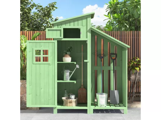 Abri de jardin en bois de sapin - remise à outils avec 2 étagères intégrées - H 173 cm - toit imperméable en PVC - Vert