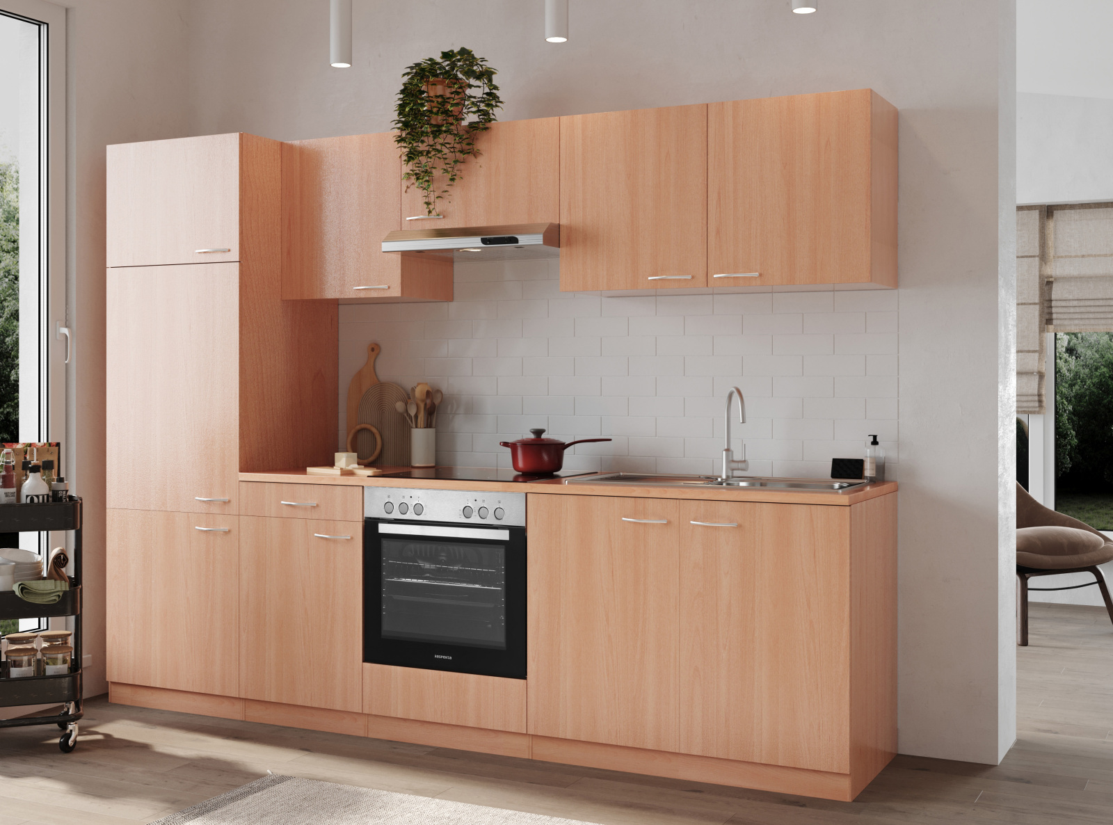 RESPEKTA Küchenblock GERDA - Buche - mit E-Geräten - Glaskeramikkochfeld - 270 cm