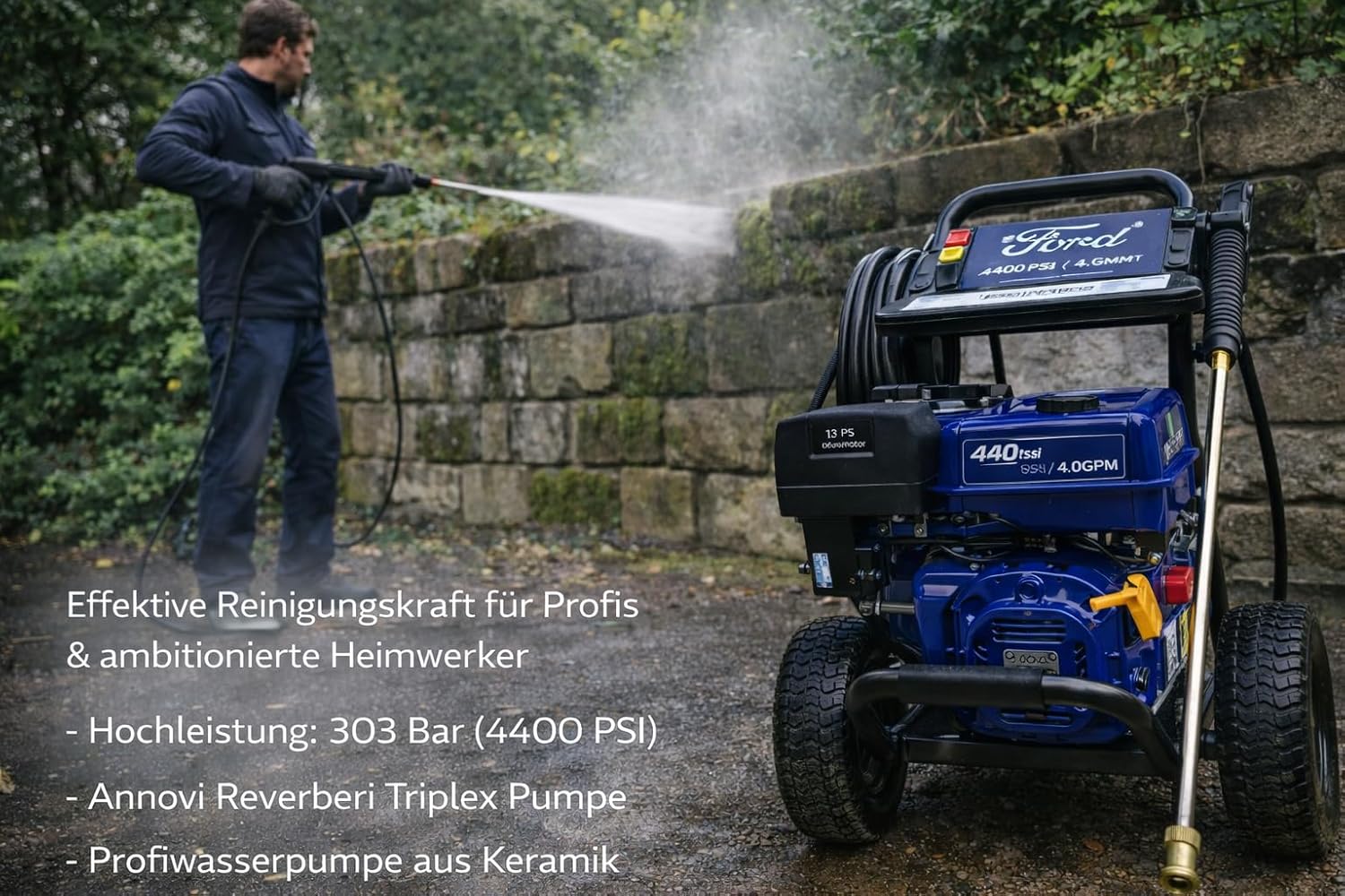 Ford Benzin Hochdruckreiniger 13PS 303 bar Annovi reverberi RSV-4G40 Hochdruckpumpe Flächenreiniger 420cm³ Steinreiniger Landwirtschaftsreiniger 6,5l Tank