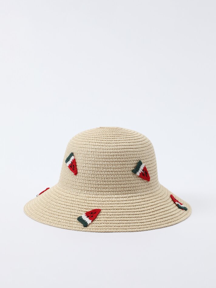 Conjunto de chapéu e bolsa de ráfia cor melancia - Natural