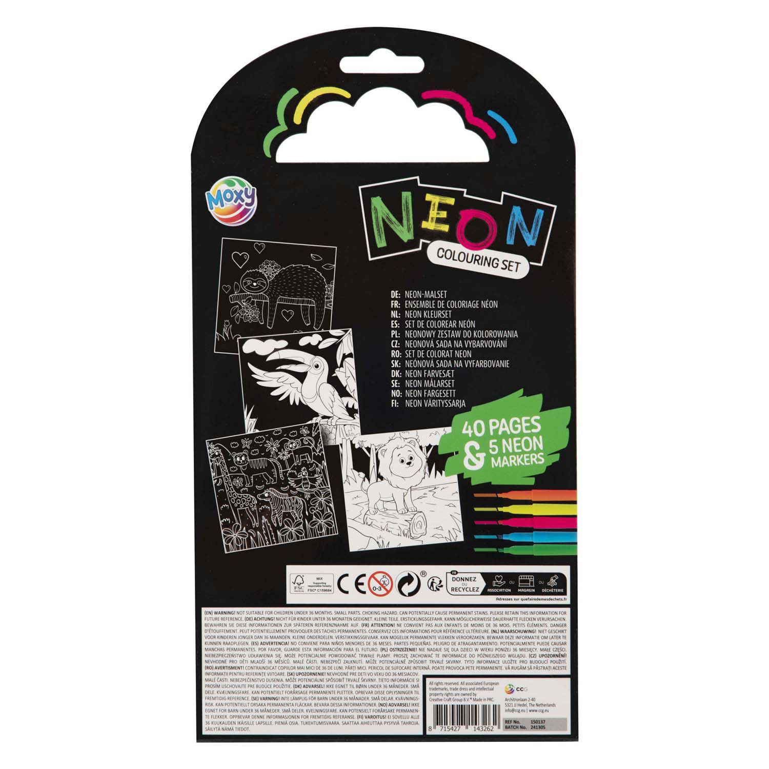 Kleurboek Dieren met 5 Neon Stiften, 40 Vellen