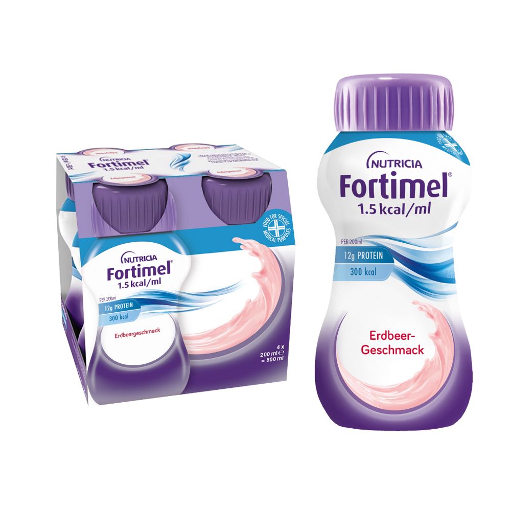 Fortimel® 1.5 kcal Erdbeere – Hochkalorische Trinknahrung mit allen wichtigen Nährstoffen, Vitaminen, Mineralien und Spurenelementen – 300 kcal und 12 g Eiweiß pro Flasche
