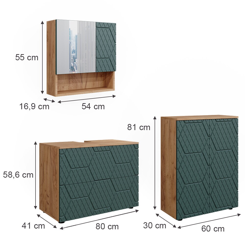 Vicco Badmöbel-Set Irma Eiche Grün 3-teilig Kommode Waschbeckenschrank 80 cm