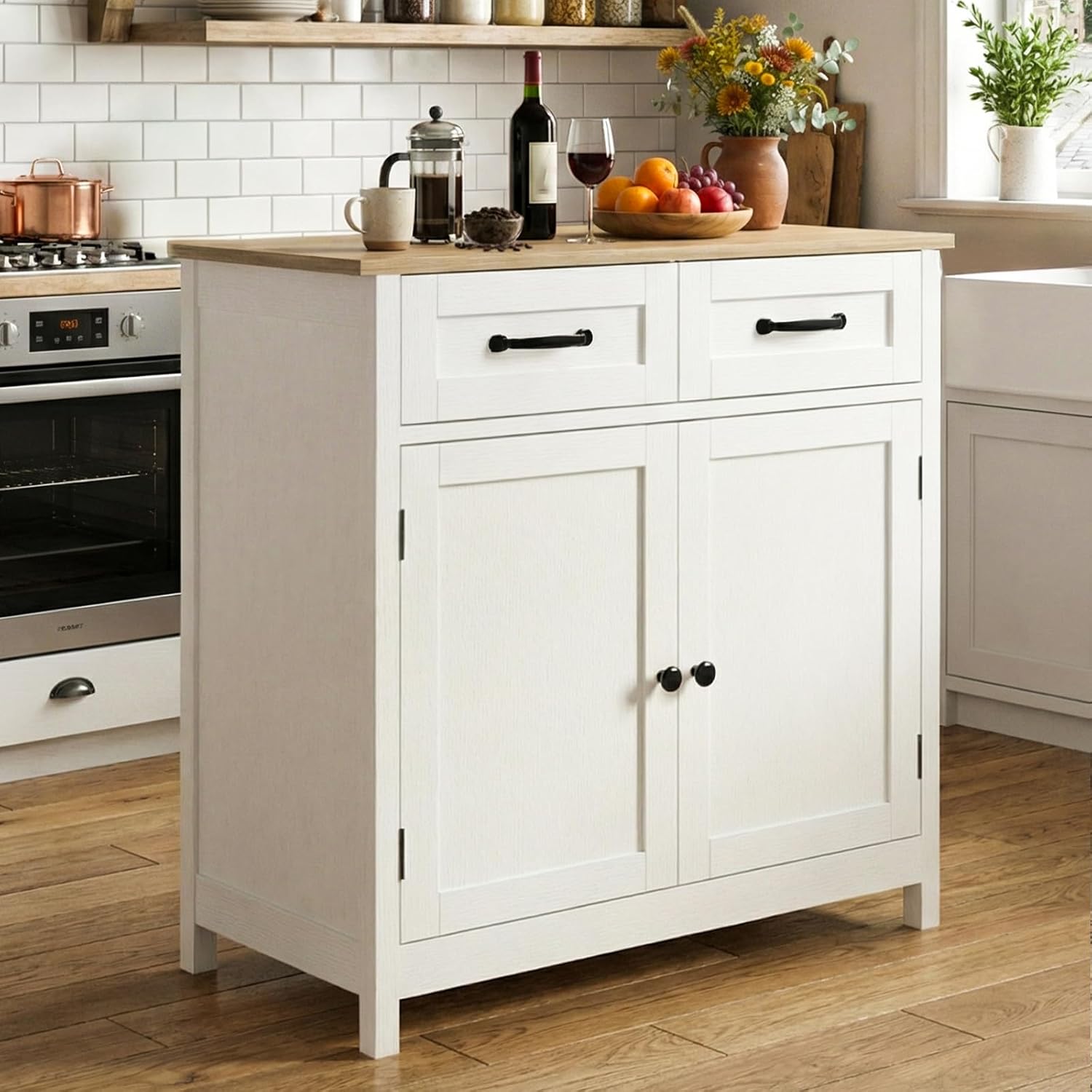 HOKEEPER Küchenschrank, Sideboard Wohnzimmer, Kommode mit 2 Schubladen und 2 Türen, Küchenbuffet mit Arbeitsplatten, Braun