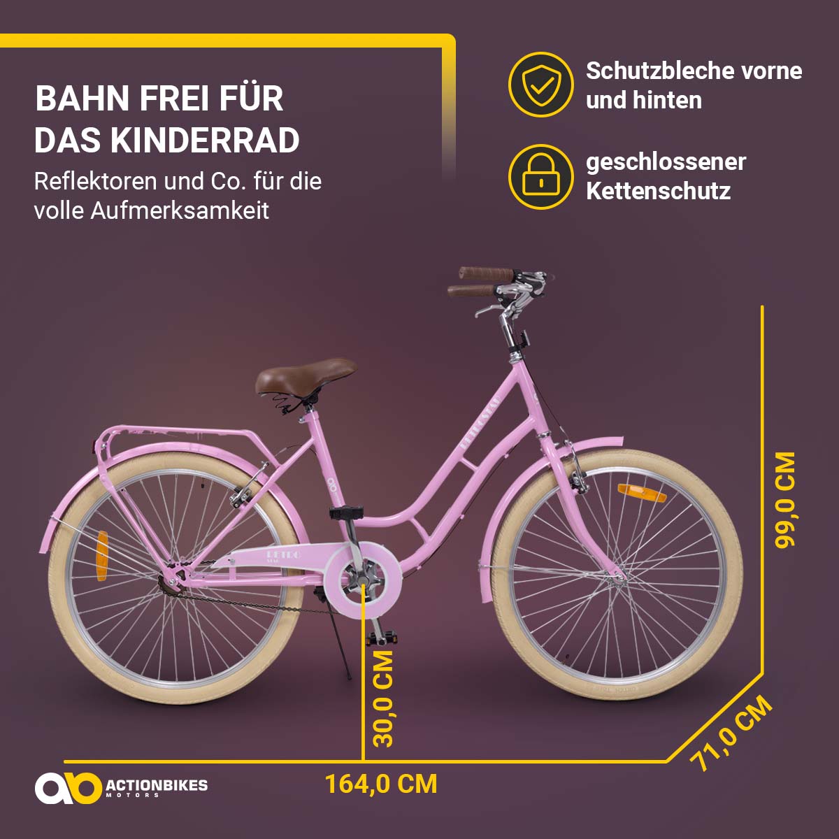 Actionbikes Kinderfahrrad Retrostar 24 Zoll, Rosa, Fahrradständer, Gepäckträger, Sattel gefedert