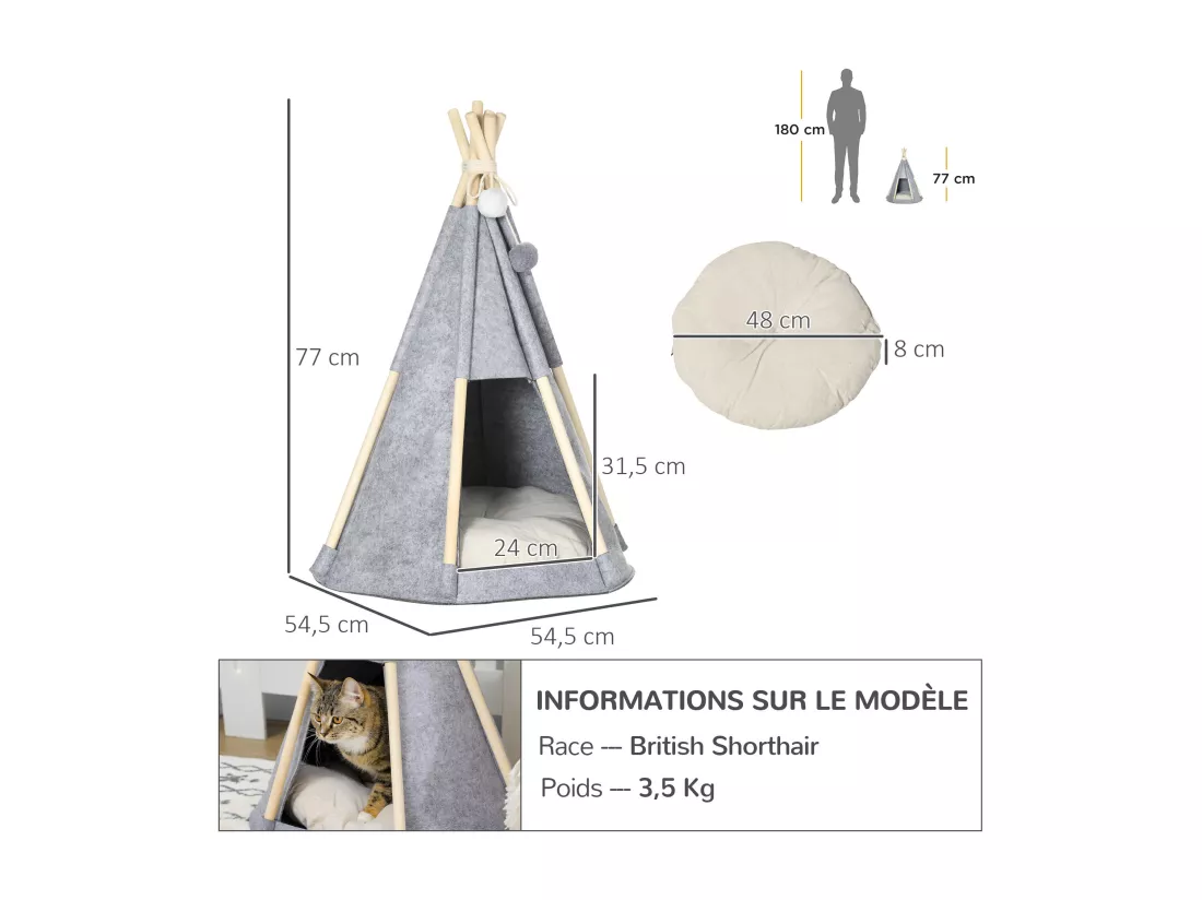 Tente tipi pour animaux - teepee chien chat - coussin épais grand confort inclus - structure bois de pin feutre polyester gris