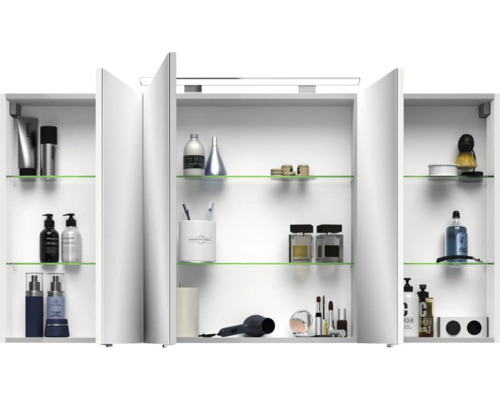 3-delige badkamermeubelset Pelipal xpressline 4010 BxHxD 144 x 200 x 49,5 cm, fronten hoogglans wit, met witte keramische wastafel en keramische spoelbak, badmeubel, spiegelkast met LED-verlichting, chromen grepen, 4010.1400109 40101400109