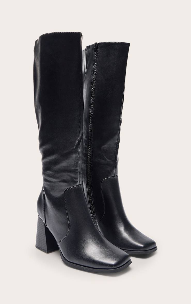 Noir Bottes Hautes Au Genou À Talon Bloc Évasé Et Bout Carré En Synthétiquecuir