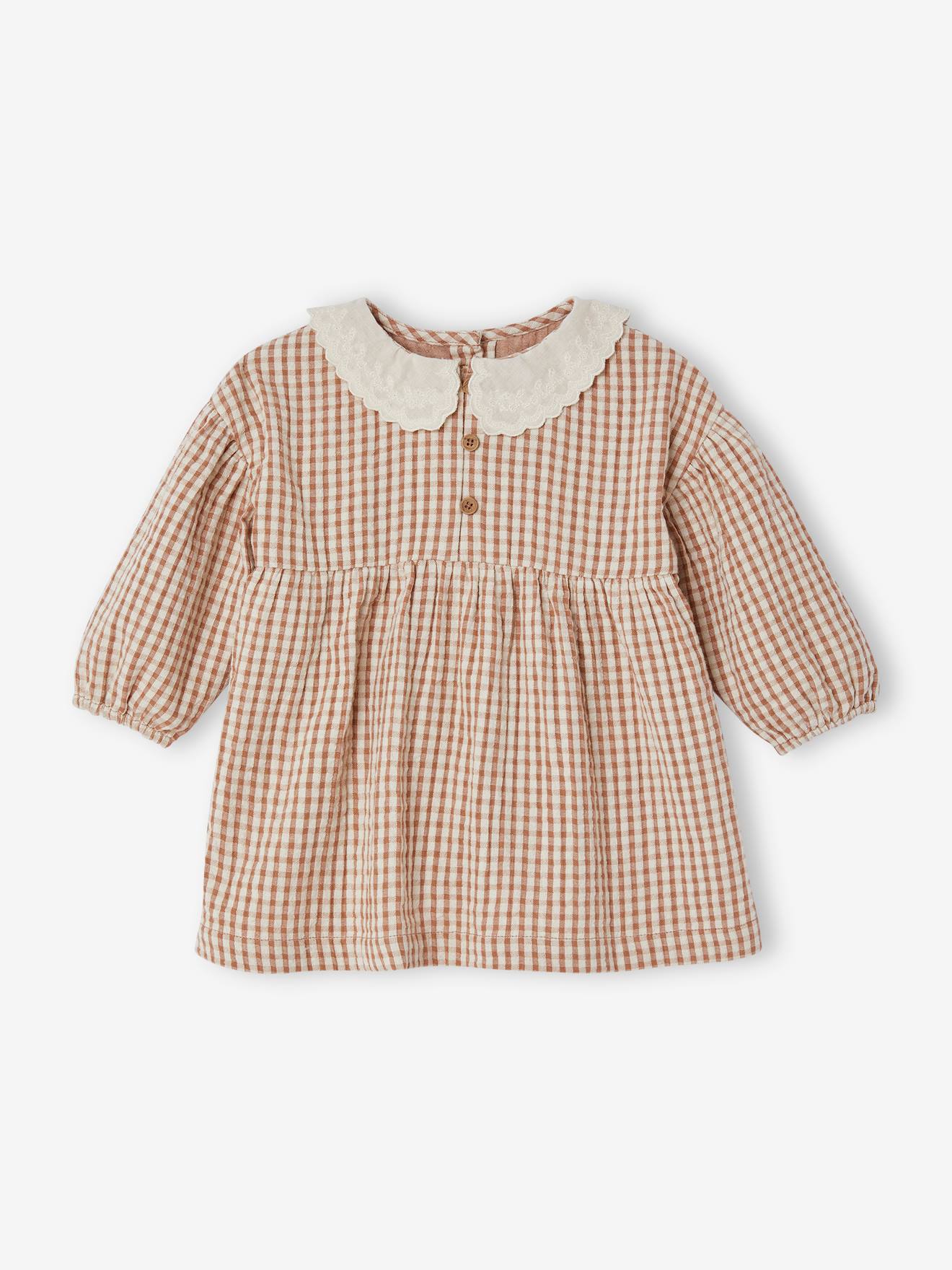 Vestido xadrez vichy com gola bordada para bebê, estampa xadrez marrom.