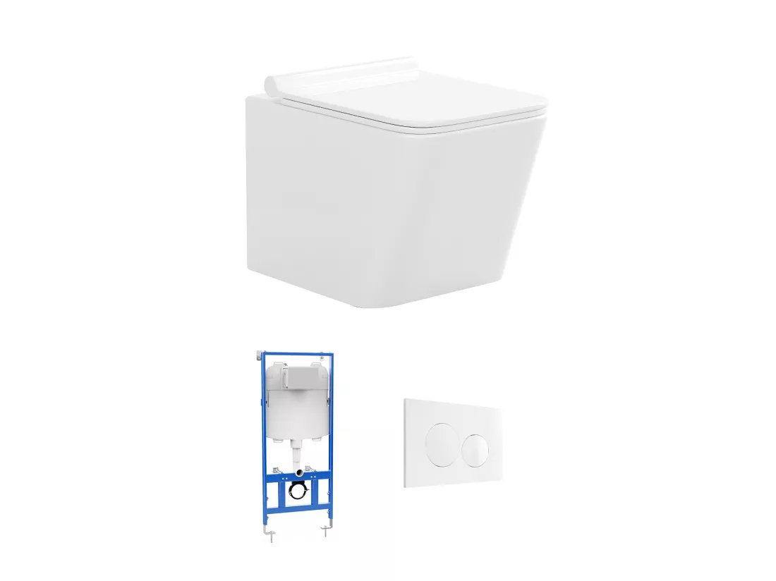 Pack WC suspendu blanc avec bâti-support et plaque de déclenchement blanche ronde - CLEMONA