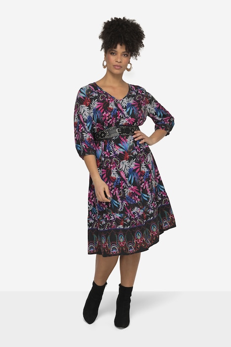 Kleid, A-Line, Alloverdruck, V-Ausschnitt, 3/4-Ärmel