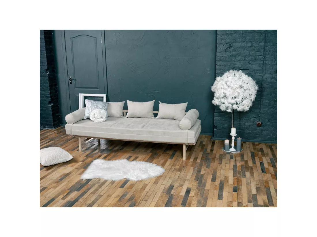 Canapé Lit Convertible Design en Tissu Beige et Bois Crème